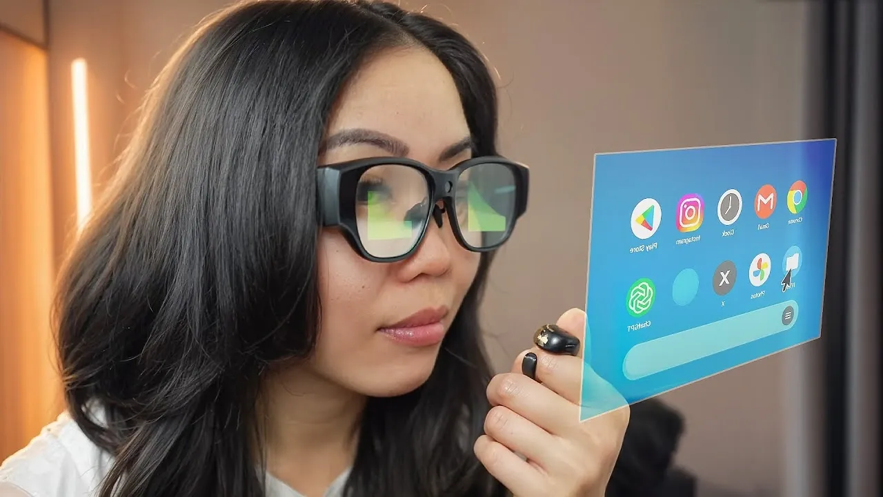 INMO Air 3 smart glasses running Android 14 with a floating app screen