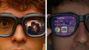 Inmo Air 3 shown with clear lenses and 16 MP POV camera, suited for outdoor everyday use and long battery life.