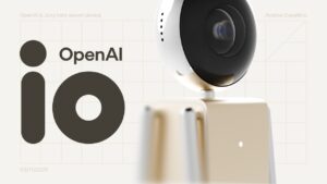 Concept illustration of OpenAI and Jony Ive IO device, a portable screenless AI assistant with 360-degree camera and voice control