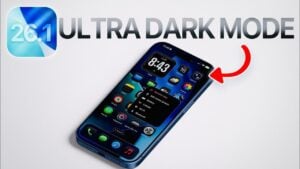 iPhone screen showing iOS 26.1 Ultra Dark Mode settings menu