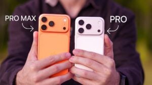 Side-by-side comparison of iPhone 17 Pro and Pro Max models