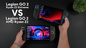 Close-up of handheld controls and detachable controllers on the Legion Go 2, highlighting identical design between both models.