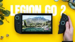 Side view of the Legion Go 2 handheld with detachable controllers and kickstand extended
