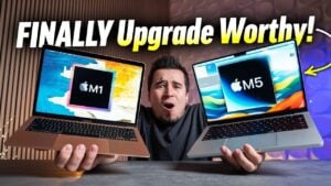 Comparison of M5 MacBook Pro and M1 Air highlighting design and performance