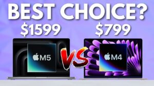 Side-by-side comparison of the M5 MacBook Pro and M4 MacBook Air laptops