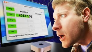 Mac Mini M4 Pro connected to three Samsung 9100 Pro NVMe SSDs in RAID 0 over Thunderbolt 5