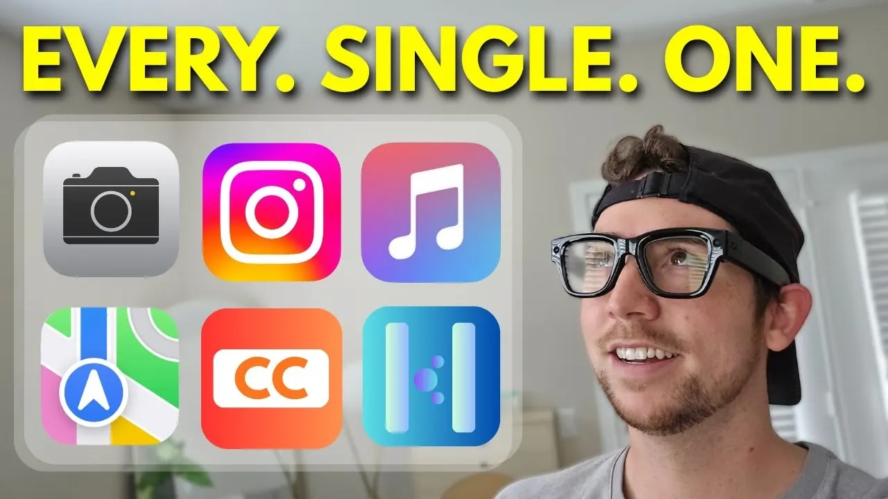 Hand wearing Meta Display Glasses showing the built-in apps menu with Instagram, WhatsApp, and Maps icons