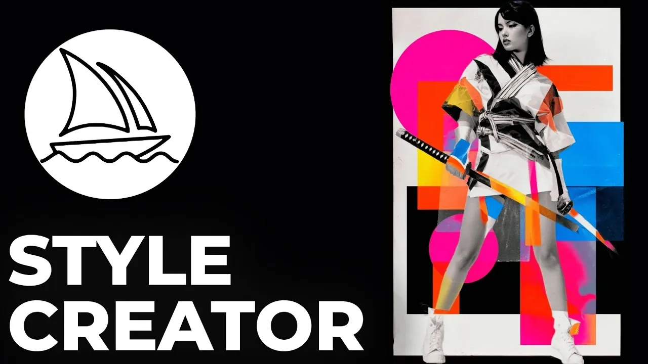 A grid of Midjourney thumbnails shows step-by-step style refinement, with options to skip, select, and tweak brightness or tone.