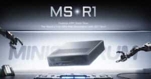 Minisforum MS-R1 ARM desktop on a desk, shown as a compact home lab box