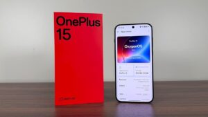 OnePlus 15 flagship smartphone showcasing its sleek design and Infinite Black finish