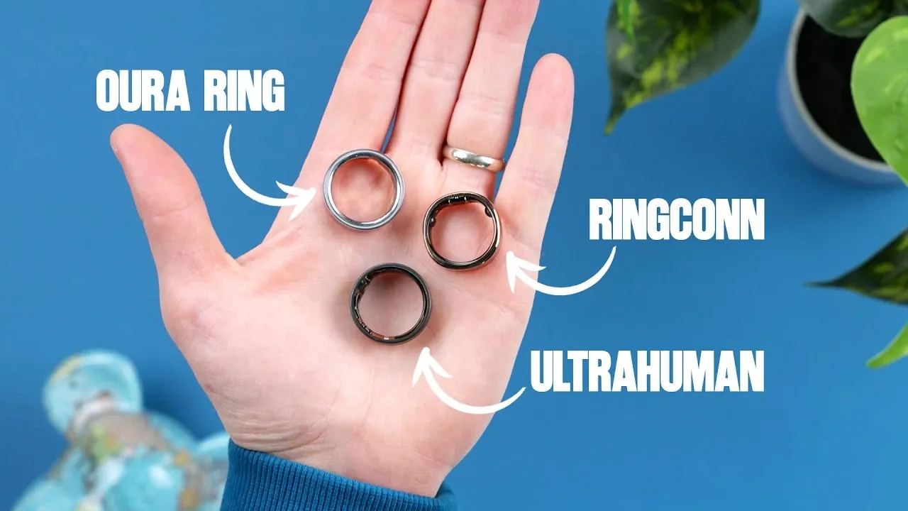 Oura Ring 4, Ringconn Gen 2, and Ultrahuman Ring Air side by side showing size, thickness, and finish differences