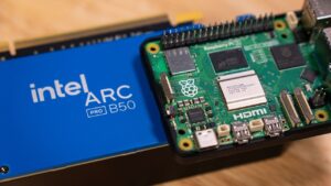 Intel Arc A750 in an eGPU dock connected to a Raspberry Pi via PCIe adapter