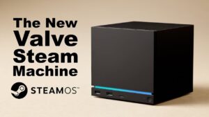 Steam OS interface on a 4K TV showing library, updates, and suspend resume
