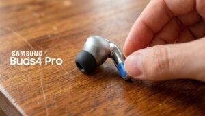 Samsung Galaxy Buds 4 Pro wireless earbuds with sleek brushed metal finish