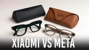 Side-by-side photo of Ray-Ban Meta and Xiaomi AI Smart Glasses with frames compared