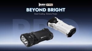 The WUBEN X1Pro flashlight emitting 13,000 lumens in a dark outdoor setting