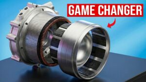 Cutaway view of a paired-rotor EV drive showing inner and outer rotors moving around a shared stator.