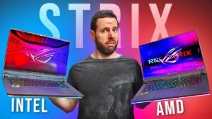 ASUS Strix G16 2025 models side by side, showing thicker Intel chassis and slimmer AMD design differences.