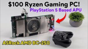BC-250 running Linux on a bench, HDMI connected, showing 1080p gameplay after FSR and frame generation tuning.