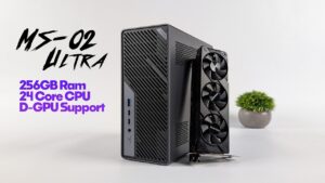 Rear I/O reveals two 25 Gbps Ethernet jacks, USB4 connectors, HDMI 2.1 output, and generous ventilation.