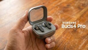 Close-up of the Samsung Galaxy Buds 4 Pro showcasing the new ergonomic design