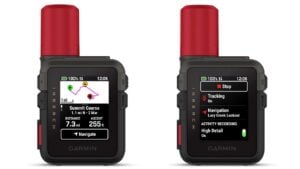 Compact Garmin inReach Mini 3 Plus shown in hand, highlighting color screen and satellite status icons.