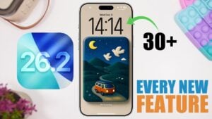 Liquid glass lock screen design in iOS 26.2 with translucent clock effect