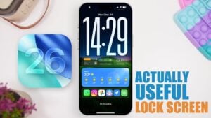 iPhone lock screen showcasing widgets and customization options in iOS 26