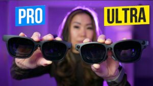 Side view of Luma Pro highlighting 1,000-nit brightness and myopia dials for comfortable long sessions on the go.