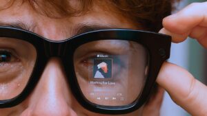 Close view of Meta’s single-lens screen at 600x600 resolution, showing pixelation and limited clarity indoors.