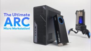 Minisforum MS02 desktop shown vertically beside a monitor, highlighting its compact case and Intel Arc Pro workstation graphics.