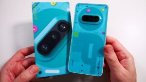 Close-up of the Nothing Phone 3A Community Edition’s frosted teal back design