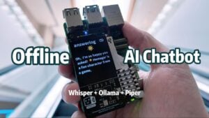User speaking to a small Pi 5 device while Piper returns speech through speakers without any internet connection.
