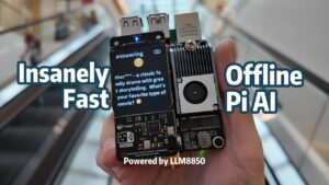 Raspberry Pi 5 with an RLM AA50 on a WaveShare M.2 hat, wired for a private offline voice assistant build.