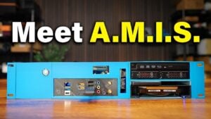 Front view of Amos, a custom 2U rack media ingestion server with 3D-printed chassis