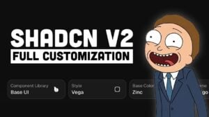 A screen of the Shadcn 2 customizer showing color pickers, font choices, and border radius controls for themes.