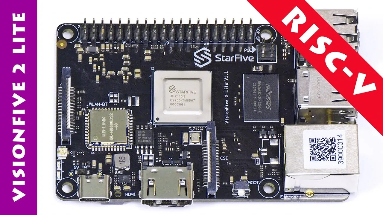 Close-up of the StarFive JH7110S chip on the VisionFive Lite with its heatsink area and surrounding components.