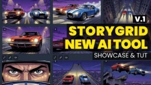 Story Grid interface showing a 2x2 layout for consistent characters across scenes, with aspect ratio and style controls.