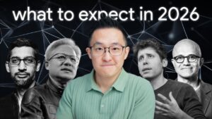 Illustration of six 2026 AI shifts, highlighting falling model costs and growing focus on practical app layers.