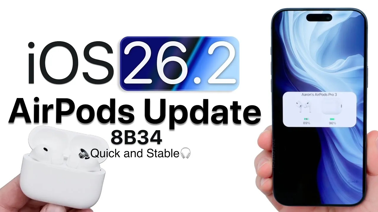 Close-up of AirPods Pro 3 showcasing firmware 8B34 update features