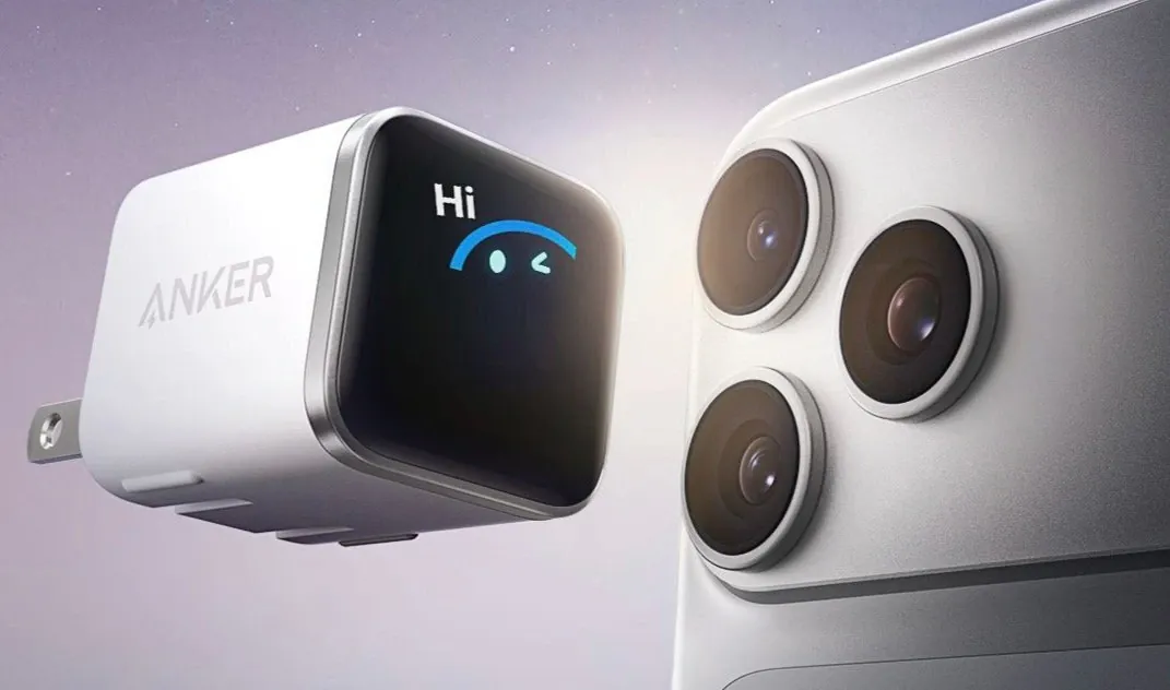 Close view of Anker Nano 45W showing live wattage on the mini screen while topping up an iPhone.