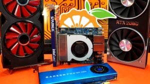 RX 470 installed through a riser, powering Witcher 3 at playable frames on an ARM single-board computer.