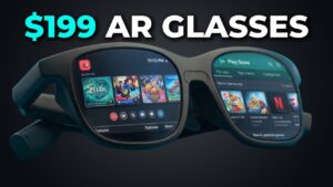 Lightweight glasses connected to a laptop over USB-C, displaying a large virtual screen in theater mode.