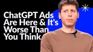 A screenshot concept showing ChatGPT with sponsored results, highlighting new advertising and privacy choices for users.