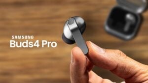 Close-up of Galaxy Buds 4 Pro showcasing metal antenna design for better connectivity