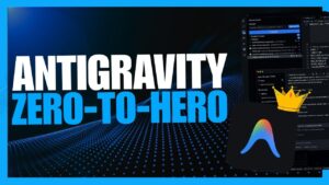 Antigravity IDE home screen showing a project panel, chat input, and quick links for automations and data tools.