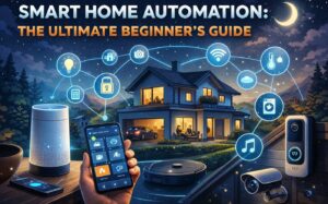Chart compares Zigbee, Z-Wave, Wi-Fi, Bluetooth, and Matter, showing how devices connect across a home.