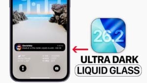iPhone screen showcasing iOS 26.2 ultra dark liquid glass settings