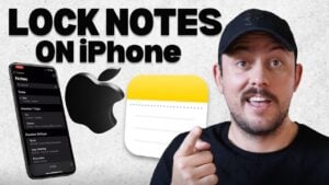 Simple steps displayed in Notes: add text, tap three dots, choose lock, confirm with passcode for privacy.