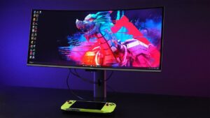 AI aim assist adapts color for visibility, while panel care v3 reduces burn-in risk during long sessions.